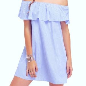Vintage Blue striped off shoulder dress | small